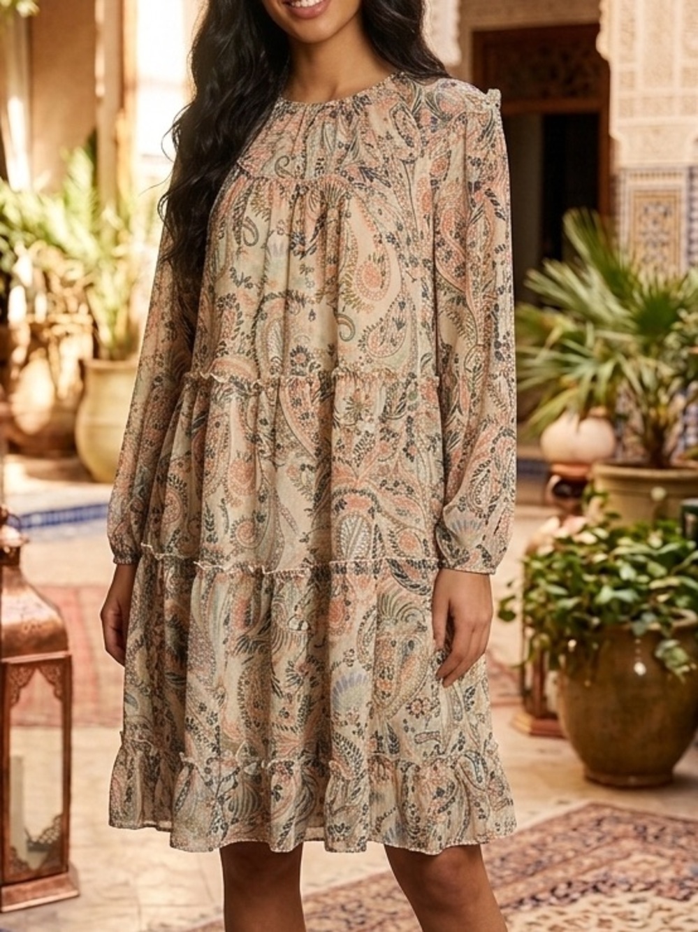 Kate and Lily Paisley Tiered Long-Sleeve Dress in Beige
